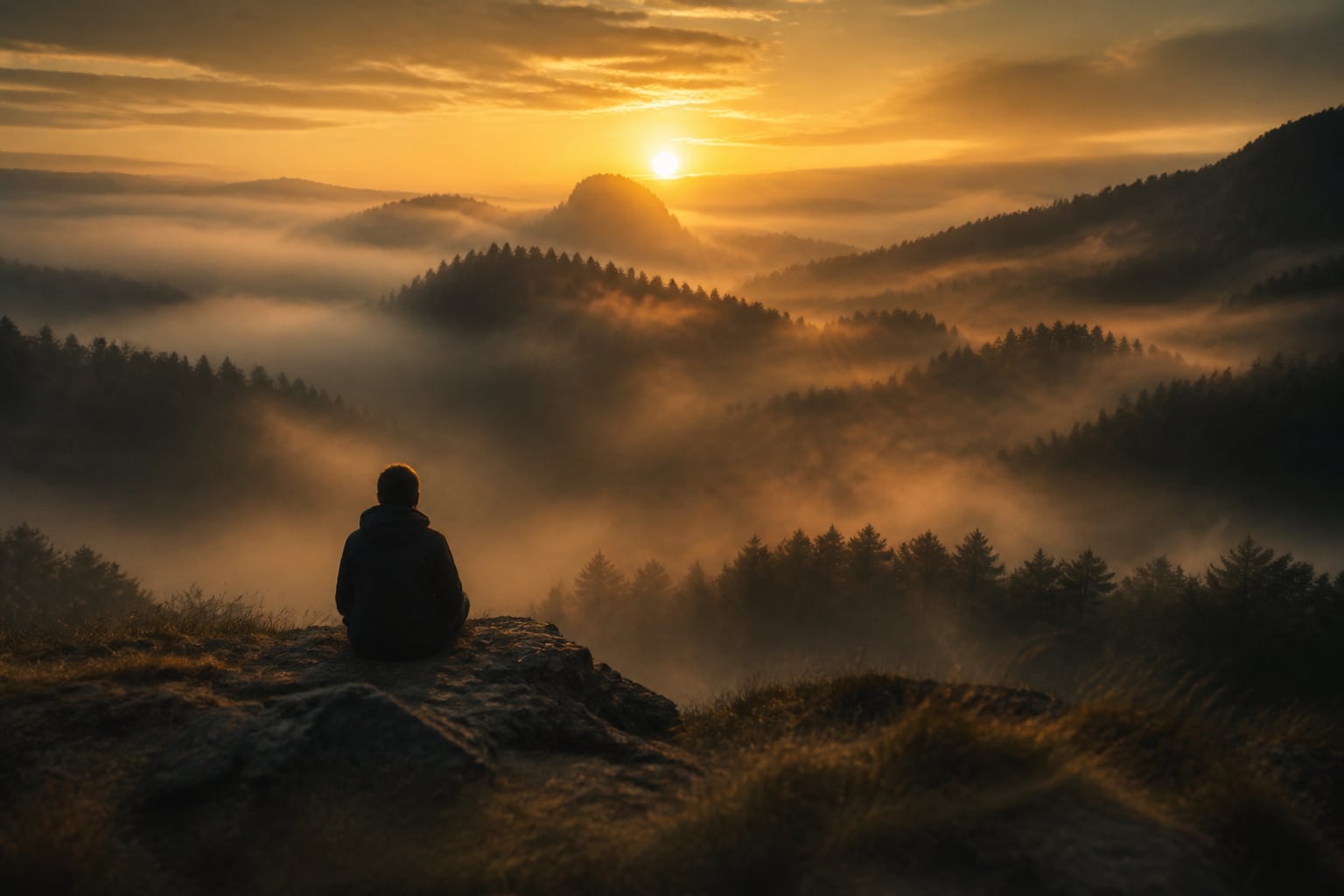 A lone silhouette in a misty golden-hour landscape under a low amber sun